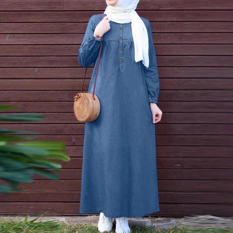 ZANZEA Women Vintage Muslim Abaya Dress 2024 Autumn Sundress Casual Long Sleeve Solid Maxi Long Vestidos Kaftan Islamic Clothing