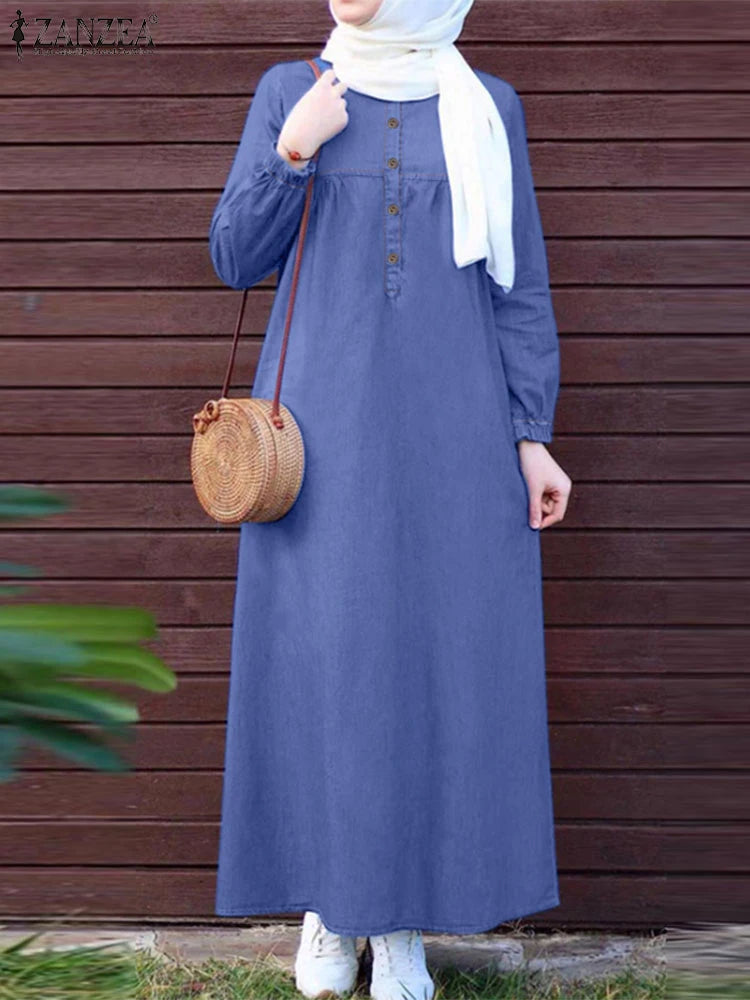 ZANZEA Women Vintage Muslim Abaya Dress 2024 Autumn Sundress Casual Long Sleeve Solid Maxi Long Vestidos Kaftan Islamic Clothing