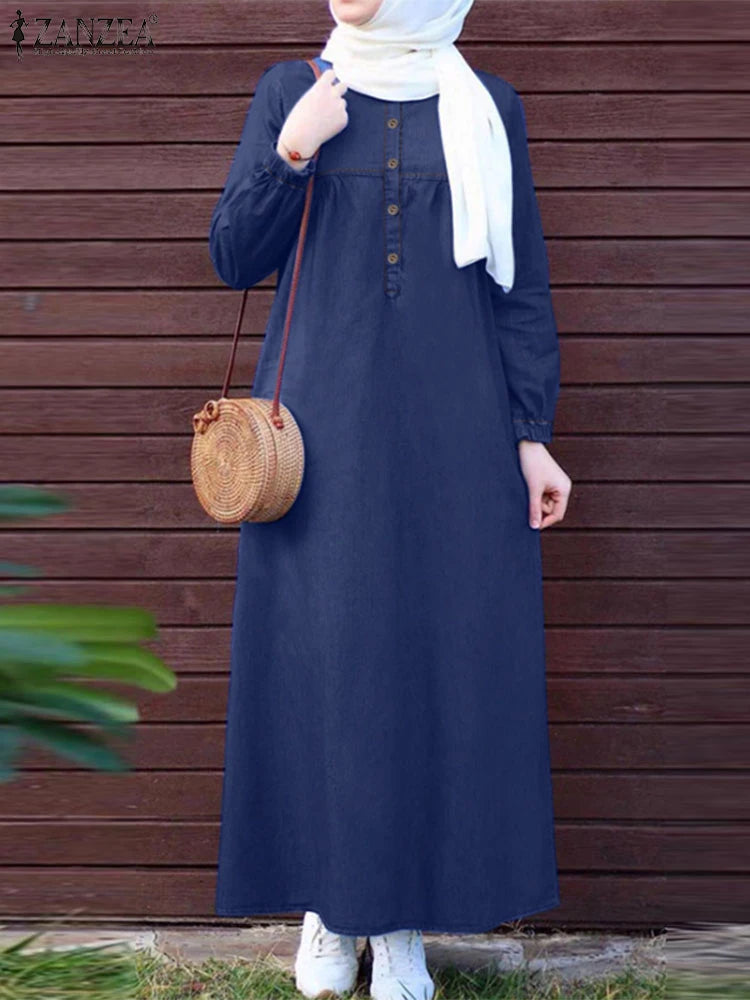 ZANZEA Women Vintage Muslim Abaya Dress 2024 Autumn Sundress Casual Long Sleeve Solid Maxi Long Vestidos Kaftan Islamic Clothing